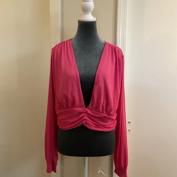 ⭐️ Sincerely Jules Pink Deep Plunging V Neck Bishop Sleeve Mesh Crop Blouse - Picture 1 of 3